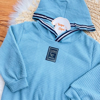 Conj. Casaco com Capuz Have This Power e Calça em Malha Wafle - Azul Jeans